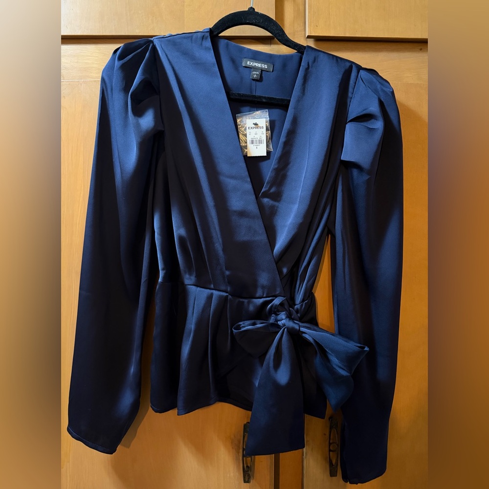 Express Navy Satin Wrap Blouse with Side Bow